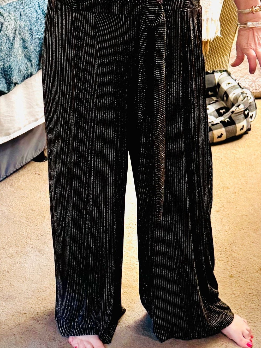 Wide Leg Gold Metallic Pinstripe Pants - Black